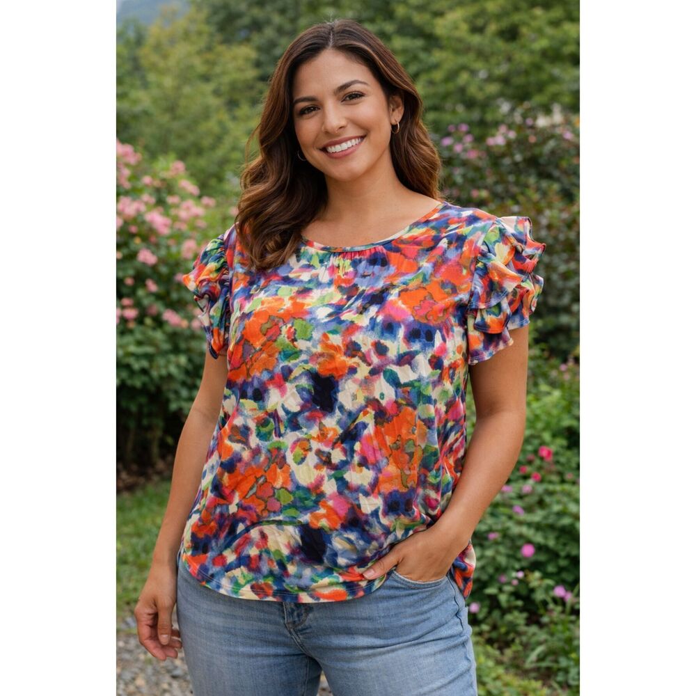Fyve Boho Floral Tropical Multicolored Bright Lightweight Pullover Top Medium